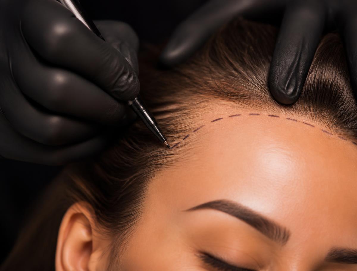 Marcação cirúrgica rente à linha do cabelo para lifting de sobrancelha