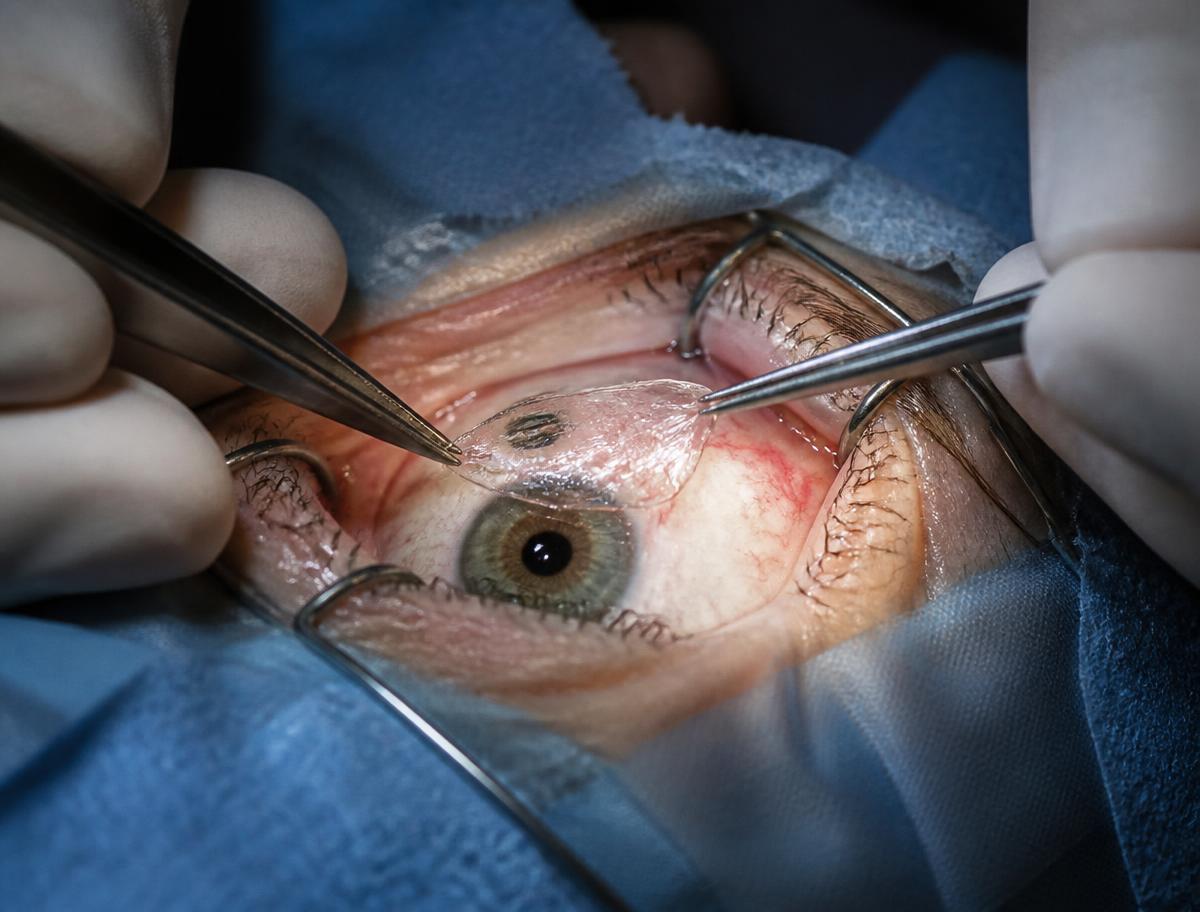 Membrana amniótica sendo posicionada sobre a superfície do olho durante cirurgia de pterígio