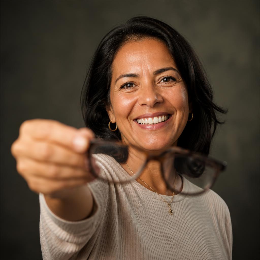Mulher sorrindo afastando os óculos do rosto após cirurgia refrativa
